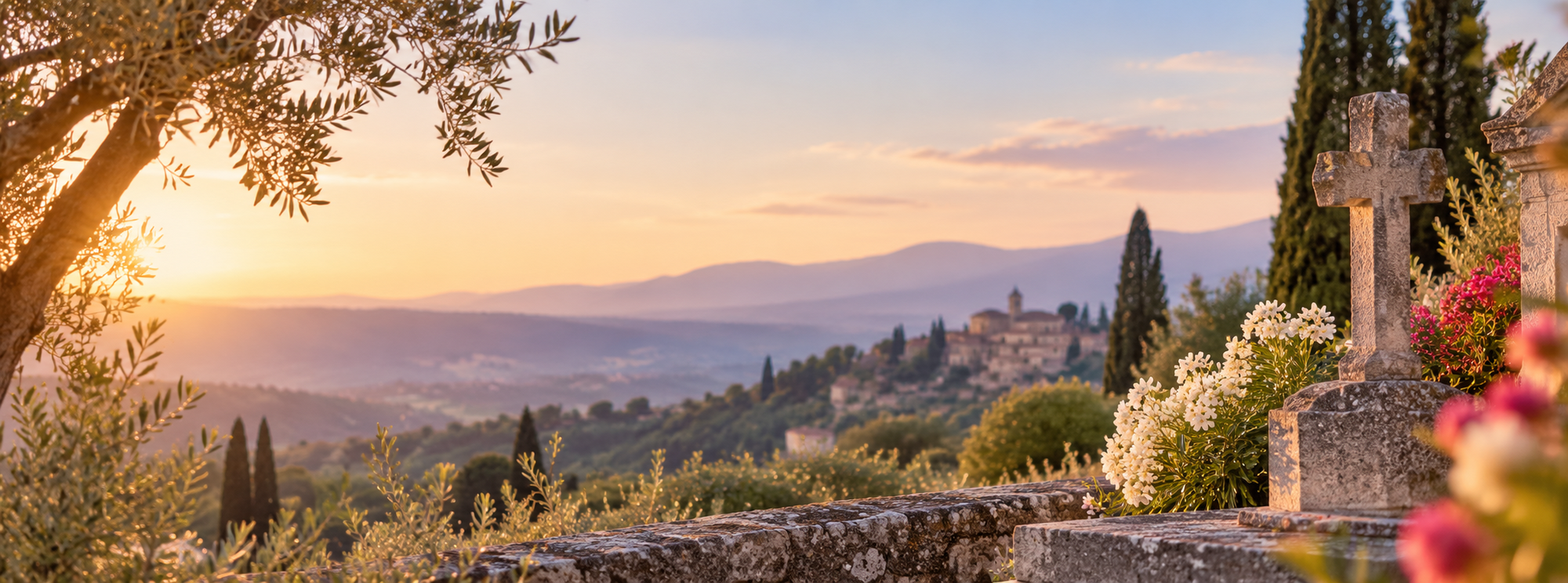 Provence-Landschaft im Abendlicht mit Steinkreuz und Blumen